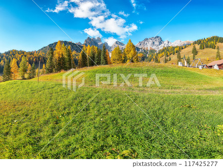 Stunning view of mountains and valleys with larch forest and wonderful sky are located in Filzmoos 117425277