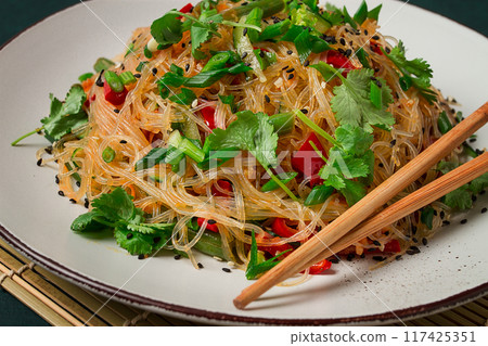 Funchosa, Korean salad, with vegetables, homemade, no people, 117425351