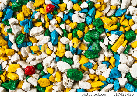 Colored crushed stone, for landscape design, background, close-up, mix, multicolored, no people, 117425439