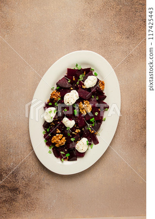 beetroot salad with nuts, cream cheese and micro greenery, homemade, no people, beetroot salad with nuts, cream cheese and micro greenery, homemade, no people, 117425443