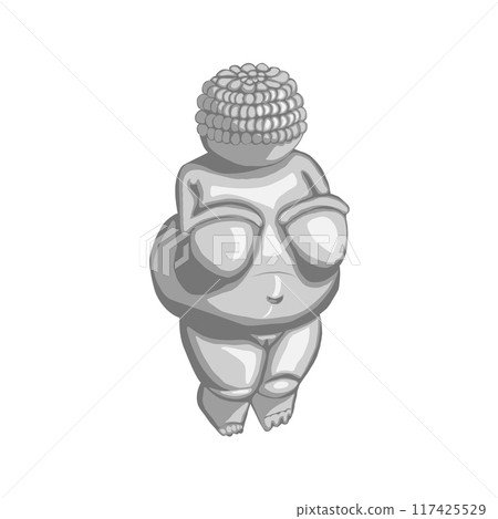 Venus of Willendorf in monochrome color isolated on white background. Chthonic goddess of fertility. Sculpture of obese woman - example of Paleolithic art. Hand drawn vector illustration. Venus of Willendorf in monochrome color isolated on white background. Chthonic goddess of fertility. Sculpture of obese woman - example of Paleolithic art. Hand drawn vector illustration. 117425529