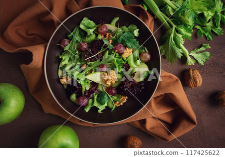 Fresh, Waldorf salad, celery stalk with chicken, apple and walnut, grapes, herbs, homemade, no people, 117425622
