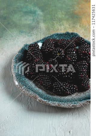 fresh blackberry berry, on a plate, top view, no people, 117425631