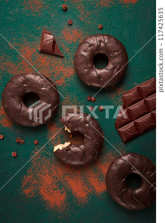 donuts with cocoa, in chocolate glaze, top view, no people, donuts with cocoa, in chocolate glaze, top view, no people, 117425635