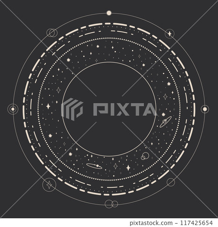 Celestial abstract background with orbits and stars and empty space for text. Vector illustration 117425654