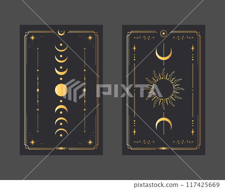 Golden magical tarot cards Sun and Moon. Mystery, astrology, alchemy. Vector illustration 117425669