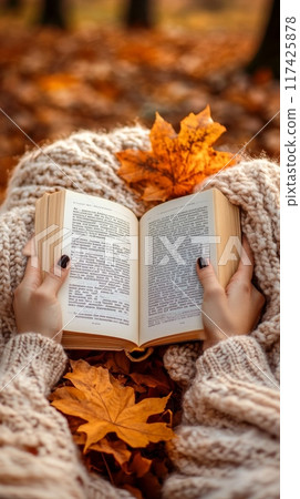 Hands holding a book, cozy under a blanket, warm autumn. First person perspective vertical image 117425878