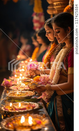 Devotees worshiping Goddess Lakshmi, traditional Diwali ritual, adorned altar with lamps and flowers Devotees worshiping Goddess Lakshmi, traditional Diwali ritual, adorned altar with lamps and flowers 117425884