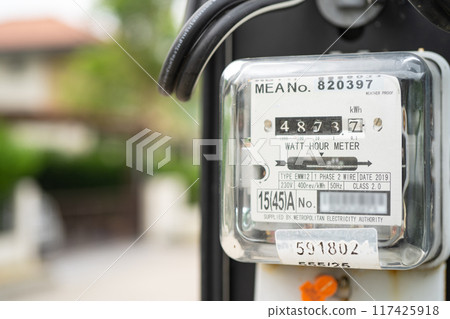 Electric measuring power meter for energy cost at home and office. Electric measuring power meter for energy cost at home and office. 117425918