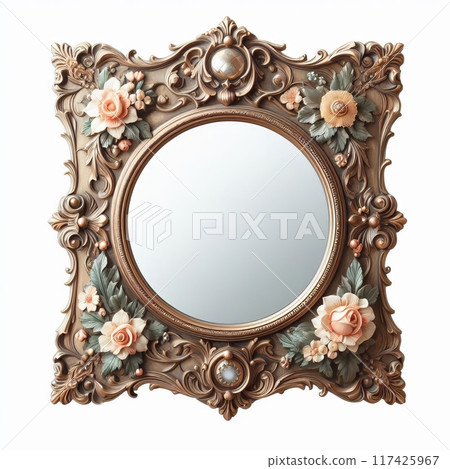 A luxurious decorated vintage mirror in a frame with flowers and patterns and swirls,isolated 117425967