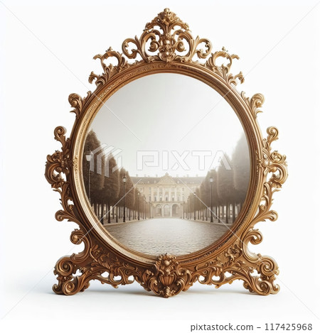 Ornate mirror reflecting a palace surrounded by trees on a white background. 117425968