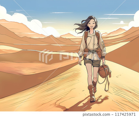 沙漠行走的女人插畫素材 117425971