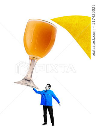 Man holding glass of giant lager beer symbolizing professional awards, growth and promotion. Contemporary art collage. 117426023