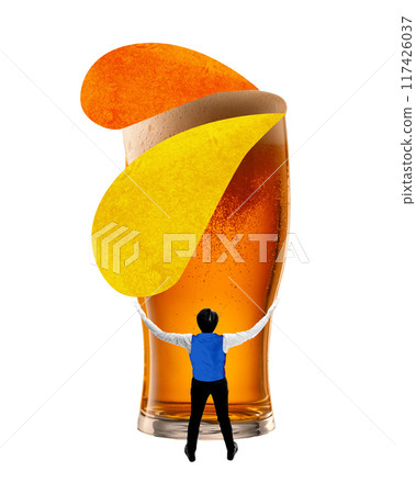 Businessman with wide spread hands standing near giant glass of lager beer symbolizing professional achievement, growth, wealth and success. Contemporary art collage. 117426037