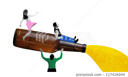 Business people, employees interacting with beer bottle. Navigating challenges, balancing risks, teamwork. Contemporary art collage. Business people, employees interacting with beer bottle. Navigating challenges, balancing risks, teamwork. Contemporary art collage. 117426044