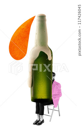 Businessman sitting on chair with giant beer bottle on his legs. Weight of responsibilities and balance at work. Contemporary art collage. Businessman sitting on chair with giant beer bottle on his legs. Weight of responsibilities and balance at work. Contemporary art collage. 117426045