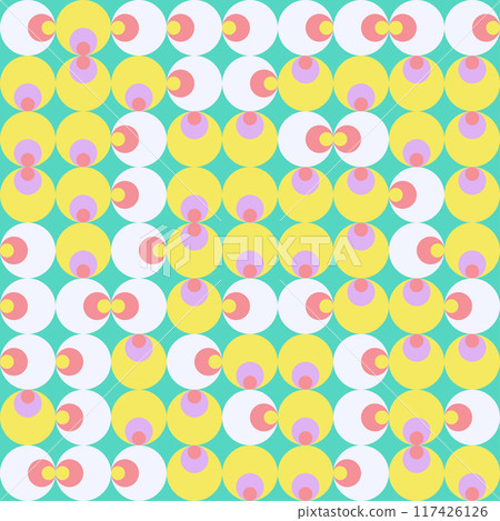 Abstract background of Mid-Century modern geometric round shapes. Vector seamless pattern with colorful circles. Psychedelic hippy style Abstract background of Mid-Century modern geometric round shapes. Vector seamless pattern with colorful circles. Psychedelic hippy style 117426126