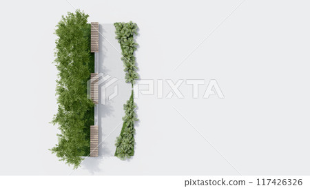top view architecture garden park landscape terrace nature design modern 3d render. garden tropical environment outdoor exterior tree plant branch wood concrete decoration. park concept empty. 117426326