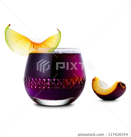 Fragrant mangosteen juice in a tequila sunrise glass mangosteens with their deep purple rinds Summer Fragrant mangosteen juice in a tequila sunrise glass mangosteens with their deep purple rinds Summer 117426354