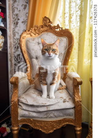 Red cat prince in armchair 117426378