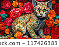 Young cat among red roses in psychedelic style 117426383