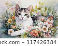 Portrait of kitten in flowers 117426384