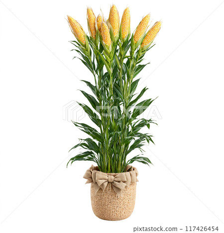 Corn Plant tall plant with green and yellow striped leaves in a woven basket planter 117426454