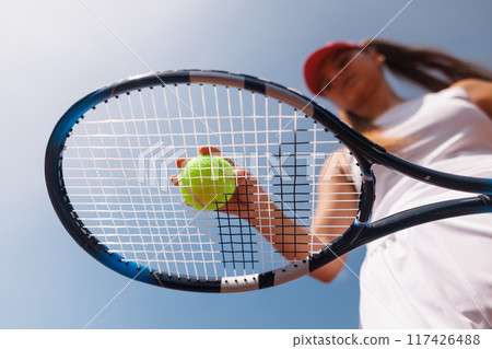 young woman playing tennis on the tennis court, olympic sport young woman playing tennis on the tennis court, olympic sport 117426488