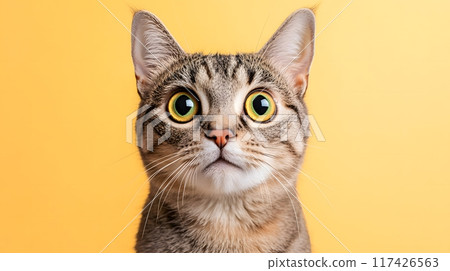 Cat with a surprised look on orange background. Generative AI. 117426563