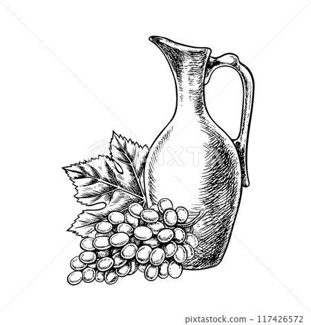 A jug and a bunch of grapes. Vector graphics, black and white hand-drawn illustration. Isolate on a white background. A design element for packages, labels. For banners, posters. For menus, postcards. 117426572