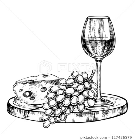 Wine glass with cheese and grapes. A graphic vector illustration drawn by hand. Isolate on a white background. An element of packaging and label design. For banners and posters. For restaurant and bar Wine glass with cheese and grapes. A graphic vector illustration drawn by hand. Isolate on a white background. An element of packaging and label design. For banners and posters. For restaurant and bar 117426579
