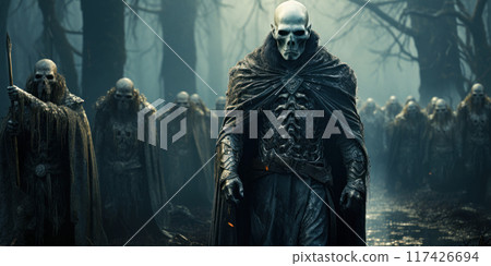 Army of scary skeletons in foggy forest, spooky undead walk in mist, creepy dead on Halloween in dark woods. Concept of horror, war, terror, death, fantasy 117426694