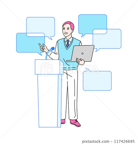 一名男子手持電腦走向答案台的插圖，辯手 117426695