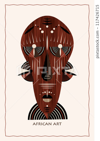 African mask ethnic tribal ritual flat vector illustration Primitive exotic mask of savages. Art design vintage engraving. Aztec Afro Indian Maya Mexican traditional native culture wooden carnival African mask ethnic tribal ritual flat vector illustration Primitive exotic mask of savages. Art design vintage engraving. Aztec Afro Indian Maya Mexican traditional native culture wooden carnival 117426715