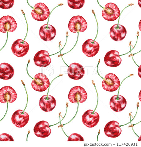 Half a red cherry seamless pattern. Juicy hand drawn watercolor background. Delicious food art, fresh botanical painting. Summer berry art for paper, packaging of farm goods, vegan products 117426931