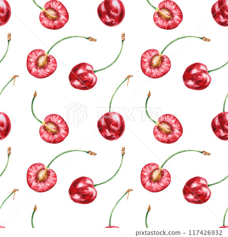 Half a red cherry seamless pattern. Juicy hand drawn watercolor background. Delicious food art, fresh botanical painting. Summer berry art for paper, packaging of farm goods, vegan products Half a red cherry seamless pattern. Juicy hand drawn watercolor background. Delicious food art, fresh botanical painting. Summer berry art for paper, packaging of farm goods, vegan products 117426932