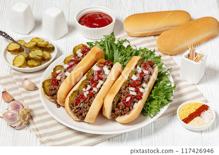 Midwestern Loose Meat Sandwiches on a white plate 117426946