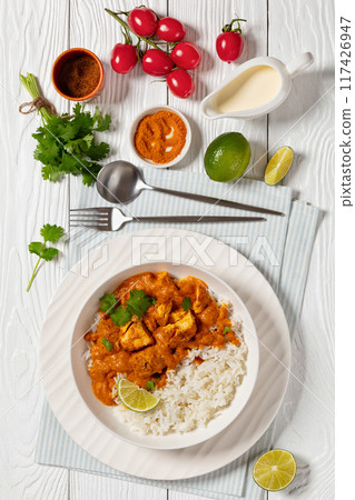 indian spiced fish curry, salmon masala, top view 117426947