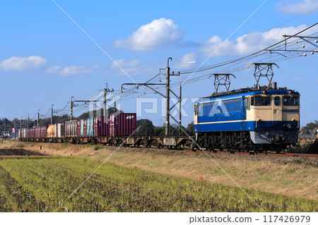A clear autumn day with a freight train powered by an EF65 locomotive running along the railway line 117426979