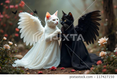 A black cat and a white cat with angel wings stand next to each other 117427150