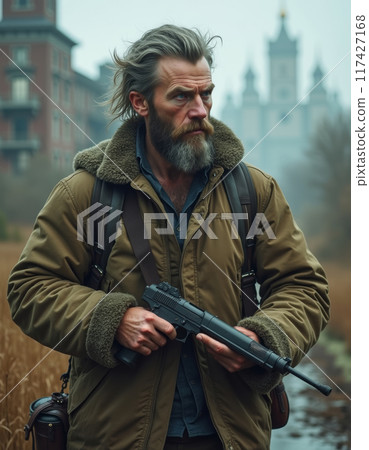 A stern man with a weapon in his hands, a survivor of the apocalypse A stern man with a weapon in his hands, a survivor of the apocalypse 117427168