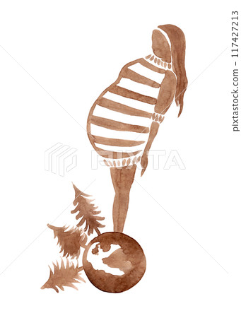 Pregnant woman and planet Earth. Coniferous forest. Clean planet. Silhouette of a girl with long hair. Watercolor illustration Pregnant woman and planet Earth. Coniferous forest. Clean planet. Silhouette of a girl with long hair. Watercolor illustration 117427213