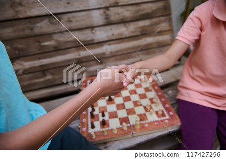 Close-up of two children shaking hands over a chessboard, symbolizing friendship, sportsmanship, and strategy in a casual outdoor setting. 117427296
