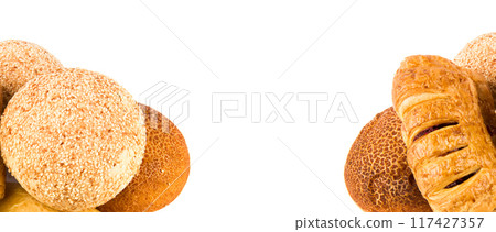 buns Isolated on a white background. Free space for text. Collage. Wide photo. buns Isolated on a white background. Free space for text. Collage. Wide photo. 117427357