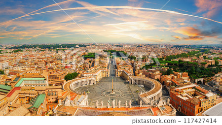 Vatican aerial panorama and statues on the top of St Peter's Basilica, Italy Vatican aerial panorama and statues on the top of St Peter's Basilica, Italy 117427414