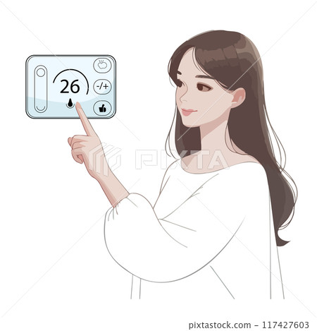 A full-length girl presses her finger on a touch thermostat, a minimalist cartoon style dimmer. The concept of using a smart home device. On a pure white background. A full-length girl presses her finger on a touch thermostat, a minimalist cartoon style dimmer. The concept of using a smart home device. On a pure white background. 117427603