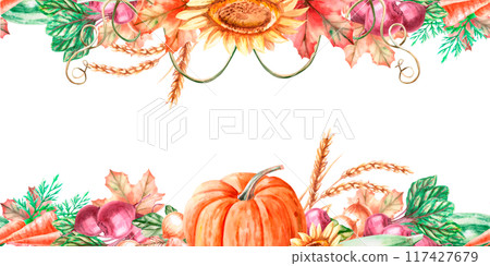 Seamless frame with pumpkin, wheat, sunflower, leaves, squash, beetroot, carrot in watercolor illustration. Harvest theme composition for exhibitions and fairs. Illustration isolated from background Seamless frame with pumpkin, wheat, sunflower, leaves, squash, beetroot, carrot in watercolor illustration. Harvest theme composition for exhibitions and fairs. Illustration isolated from background 117427679