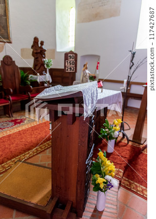The interior of St. Peter's Church of Romanian period in Oriszentpeter, Hungary 117427687