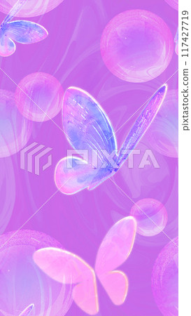 Repeated illustration of soap bubbles and butterflies flying 117427719
