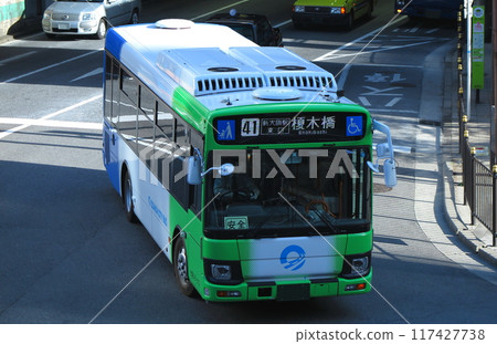 Osaka City Bus vehicle (turning left slowly, overhead view) Osaka City Bus vehicle (turning left slowly, overhead view) 117427738